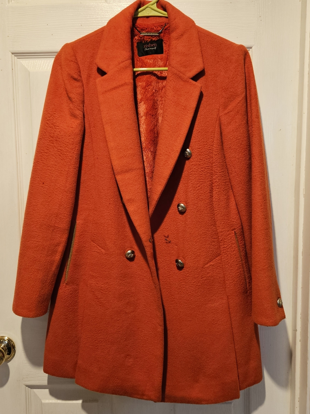 Zishen Women Double-Breasted Coral Red Wool Blend Coat Gold Buttons Size 95 M/L